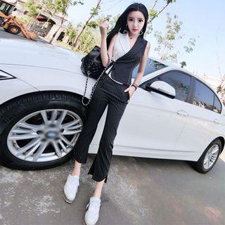 Set: Sleeveless Pinstriped Blazer + Cropped Slit-side Pinstriped Pants