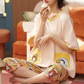 Loungewear Set : Short-sleeve Cartoon Print Top + Cropped Pants