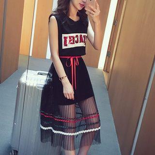 Set: Sequined Tank Dress + Pleated Mesh Midi Skirt
