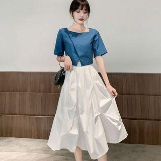 Set: Short Sleeve Square Neck Cropped Wrap Blouse + Pleated Midi Skirt