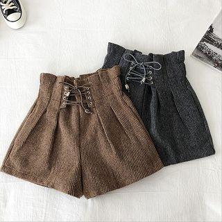 Plain High-waist Lace-up Acrylic Shorts