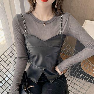 Set: Faux Leather Camisole Top + Long-sleeve T-shirt