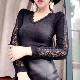 Lace Panel V-neck Ribbed Long-sleeve Top