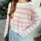Striped Long-sleeve Knit Top White - One Size