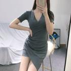 Asymmetric-hem V-neck Short-sleeve Dress