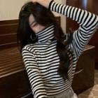 High-neck Color Block Striped T-shirt