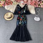 V-neck Embroidered Mermaid Maxi Dress