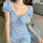 Floral Puff-sleeve Slim-fit Dress Light Blue - One Size