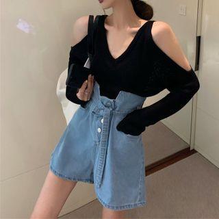 Long-sleeve Knit Top / Wide-leg Denim Shorts