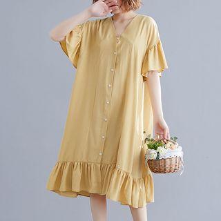 Ruffled Short-sleeve Buttoned Shift Dress