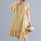 Ruffled Short-sleeve Buttoned Shift Dress