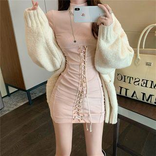 Long-sleeve Lace-up Mock-neck Mini Dress