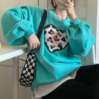 Long-sleeve Heart Embroidered Sweatshirt Aqua Blue - One Size