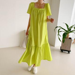 Ruffle-hem Maxi Shift Dress Cherry Pink - One Size