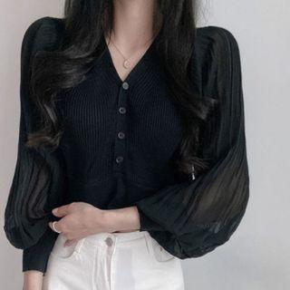 Long-sleeve V-neck Ribbed Chiffon Panel Knit Crop Top