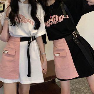Lettering T-shirt / Belted Mini A-line Skirt