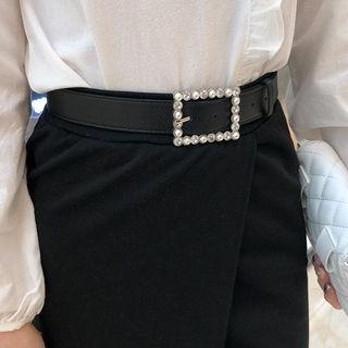 Faux-pearl Rhinestone-buckle Belt Black - One Size