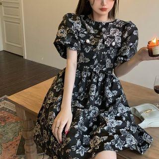 Short-sleeve Floral Embroidered Mini Dress Black - One Size
