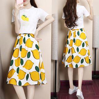 Set: Short-sleeve Lemon Printed T-shirt + A-line Skirt