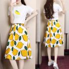 Set: Short-sleeve Lemon Printed T-shirt + A-line Skirt
