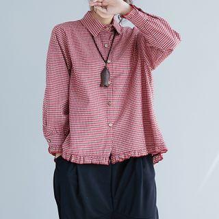 Set: Long-sleeve Checked Frill Trim Shirt + Cropped Linen Blend Harem Pants