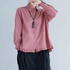 Set: Long-sleeve Checked Frill Trim Shirt + Cropped Linen Blend Harem Pants
