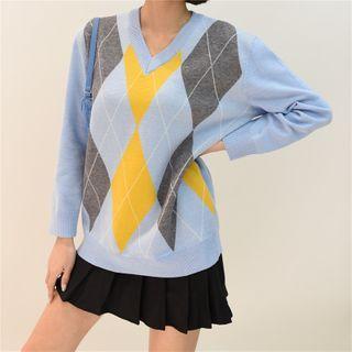 V-neck Two Tone Plaid Knit Sweater