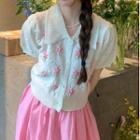 Short-sleeve Polo Collar Embroidered Knit Cropped Cardigan White - One Size