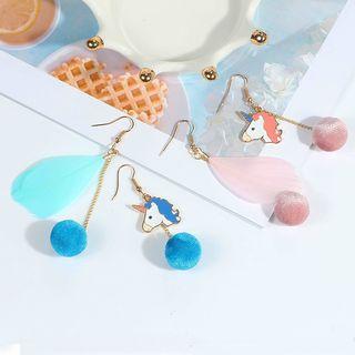 Non-matching Feather & Alloy Unicorn Dangle Earring