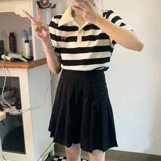 Set: Elbow-sleeve Striped Polo Shirt + Mini A-line Skirt