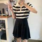 Set: Elbow-sleeve Striped Polo Shirt + Mini A-line Skirt
