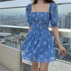 Floral Print Short-sleeve Smocked Mini Chiffon Dress Blue - One Size