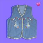 Elephant Embroidered Denim Vest Blue - One Size