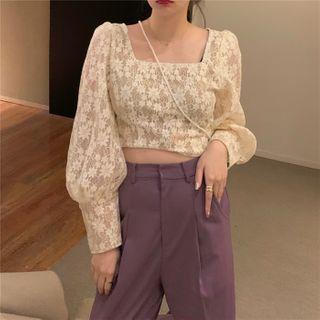 Square-neck Lace Cropped Blouse / Wide Leg Pants