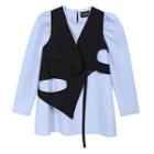 Set: Plain Blouse + Cut-out Cropped Vest Set - Blue - One Size