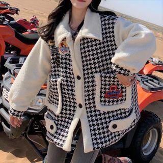 Fleece Panel Houndstooth Button-up Jacket