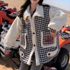 Fleece Panel Houndstooth Button-up Jacket