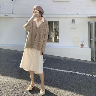 Plain Shirt Dress / V-neck Cable Knit Cardigan