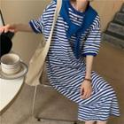 Color-block Striped Slit Short-sleeve Dress