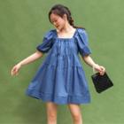 Square Collar Puff-sleeved Dress Peacock Blue - One Size