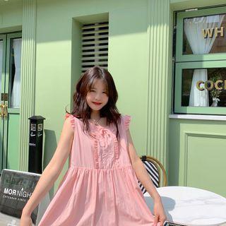 Sleeveless Ruffle Trim Midi A-line Dress Pink - One Size