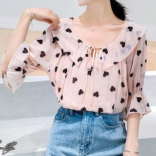 Heart Print Elbow-sleeve Chiffon Blouse