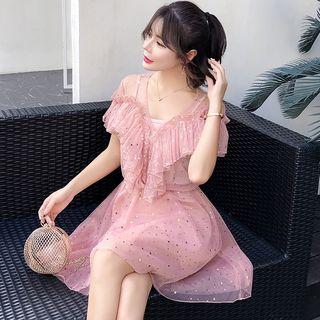 Ruffle Trim Short-sleeve Mesh Dress
