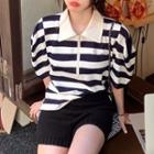 Short-sleeve Striped Zip Polo Shirt / Knit Shorts