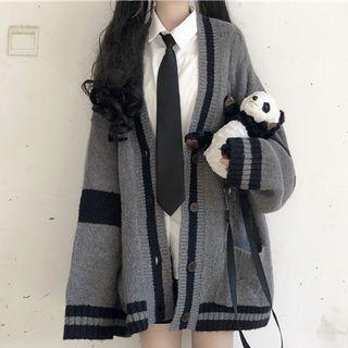 V-neck Cardigan / Plain Shirt / Tie / Pleated Mini A-line Skirt / Set