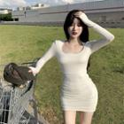 Long-sleeve Plain Mini Bodycon Dress White - One Size