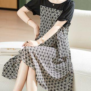 Short Sleeve Check Panel Chiffon A-line Dress