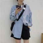 Long-sleeve Striped Paneled Denim Shirt As Shown In Figure - One Size