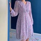 Long-sleeve Floral Print Mini A-line Dress Purple - One Size