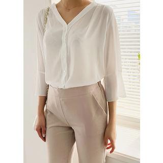 Tall Size V-neck Bell-sleeve Chiffon Blouse